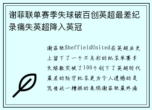 谢菲联单赛季失球破百创英超最差纪录痛失英超降入英冠